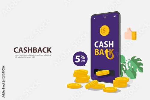 Cash back shopping illustration, money cash back reward for purchase from smart phone application. Mobile phone consumer loyalty incentive commerce in isometric