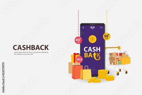 Cashback concept with golden coins from shopping bags. Financial mobile app, application for shopping