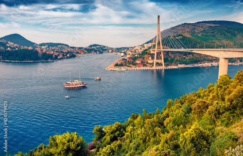 Aerial landscape photography. Captivating summer cityscape of Dubrovnik town. Splendid morning view of Croatia, Europe. Picturesque seascape of Adriatic sea. Traveling concept background.