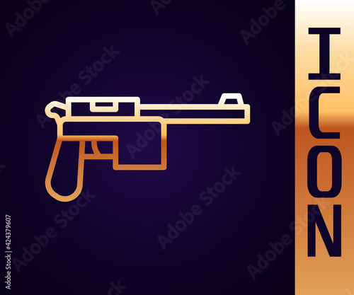 Gold line Mauser gun icon isolated on black background. Mauser C96 is a semi-automatic pistol. Vector