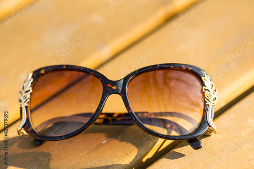 Sunglasses brown color model for women with a special design shoot outside in nature in a summer day . Selective focus . High quality photo