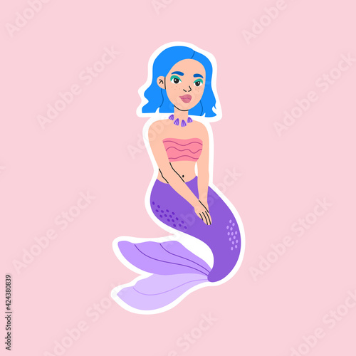 Cute little mermaid sticker, magical funny princess character, hand drawn pretty girl, blue hair and purple tail badge in flat cartoon style, underwater concept, modern trendy illustration isolated