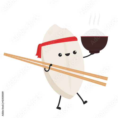 Rice character design. rice vector on white background. rice seed. Chopsticks vector. Rice on Bowl.