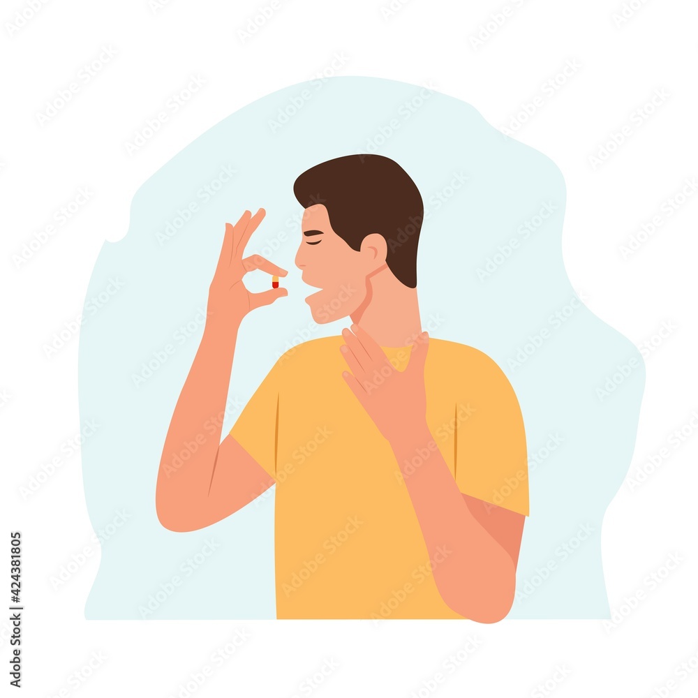Man takes a pill.Man holds a pill in her hand and intends to take it. Chest pain, heartache.Medication treatment, pharmacy and medicine, concept. Vector illustration Man takes a pill.Man holds a pill in her hand and intends to take it. Chest pain, heartache.Medication treatment, pharmacy and medicine, concept. Vector illustration