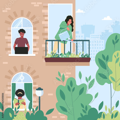 Neighbors in their apartments are busy with their daily activities. Through the windows of the house, one can see a freelance man, a girl reading a book, and a woman watering flowers on the balcony.