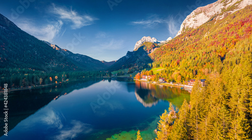 Fototapeta Naklejka Na Ścianę i Meble -  Aerial landscape photography. Colorful morning view from flying drone of Hintersee lake, Germany, Europe. Astonishing autumn view of Bavarian Alps. Beauty of nature concept background.