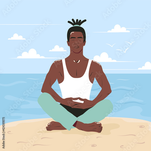 African American man practices yoga by the sea. Young guy sits on the beach in the lotus position. The concept of relaxation and asana on vacation. Flat vector illustration.