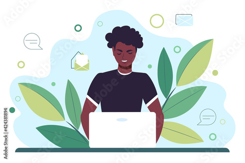 Young African American man works behind a laptop monitor. Distance learning online or remote work. Flat vector illustration.