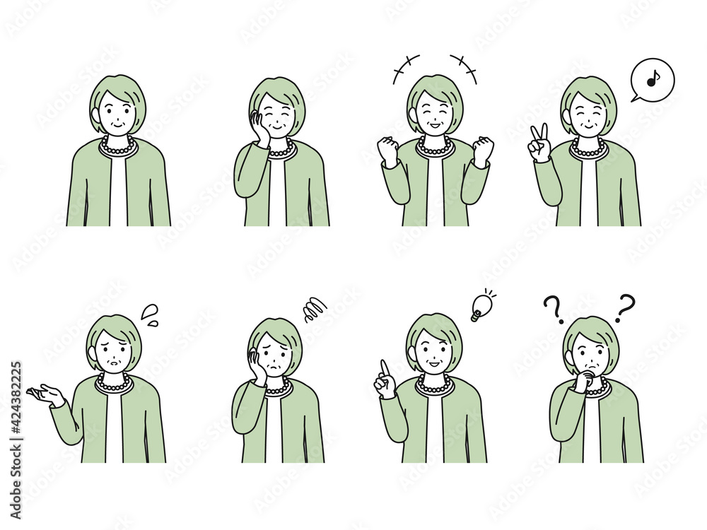 年配の女性　ポーズ　ジェスチャー　仕草　セット　シニア　高齢者　イラスト素材