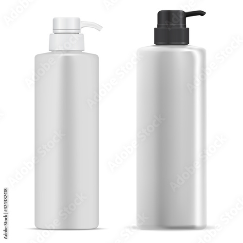 Pump bottle. Cosmetic lotion dispenser white plastic mockup. Moisturizer product container, realistic vector template. Pump batcher bottle, detergent or face cream. shower gel tube, serum
