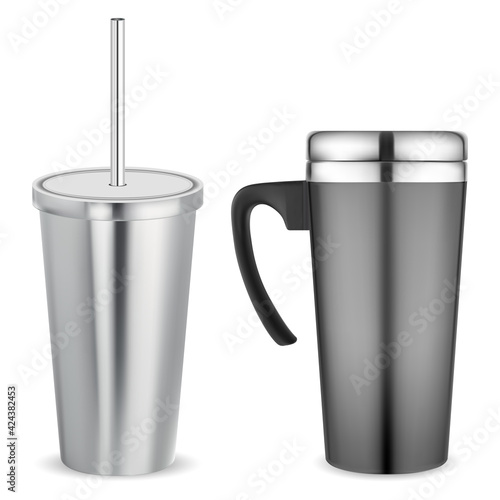 Thermo mug, metal travel cup. Stainless cup vacuum thermos, insulated template. Thermal flask, portable sport bottle. Aluminum shake jar isolated. Hot tea cup mock up. thermic handle tumbler