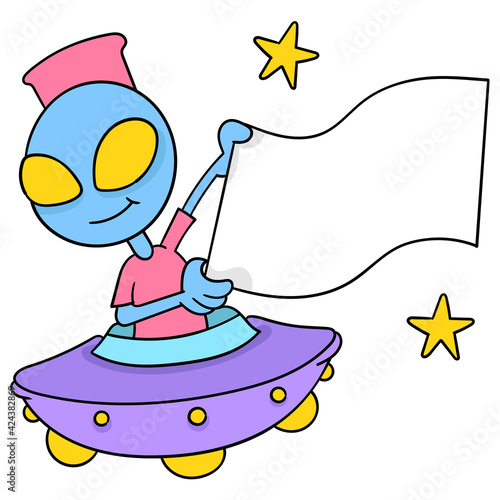 flying aliens riding ufo flying banner templates. doodle icon image kawaii