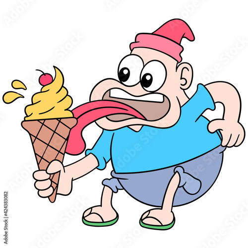 greedy fat boy enjoying ice cream. doodle icon image kawaii