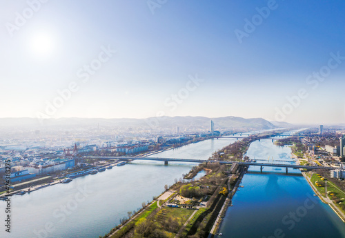Photography Danube and Vienna city aerial panoramic view
