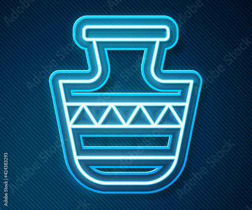 Glowing neon line Ancient amphorae icon isolated on blue background. Vector