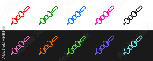 Set line Olive and cheese on chopstick icon isolated on black and white background. Canape, tapas with cheese and olive. Vector