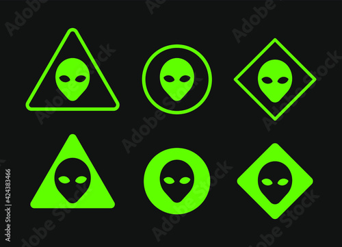Alien head vector sign set. Humanoid face symbol icon collection. Extraterrestrial warning logo. Science fiction label. Ufo and sci-fi character illustration image.