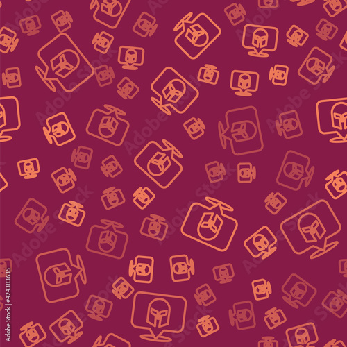 Brown line Greek helmet icon isolated seamless pattern on red background. Antiques helmet for head protection soldiers with a crest of feathers or horsehair. Vector