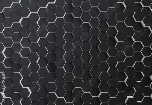 Hexagons background pattern on textured metallic surface. Abstract hexagonal honeycomb graphic wallpaper 3D rendering