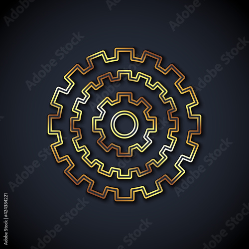 Gold line Bicycle cassette mountain bike icon isolated on black background. Rear Bicycle Sprocket. Chainring crankset with chain. Vector