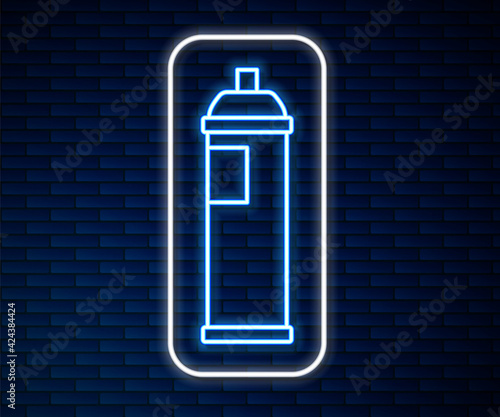 Glowing neon line Paint spray can icon isolated on brick wall background. Vector