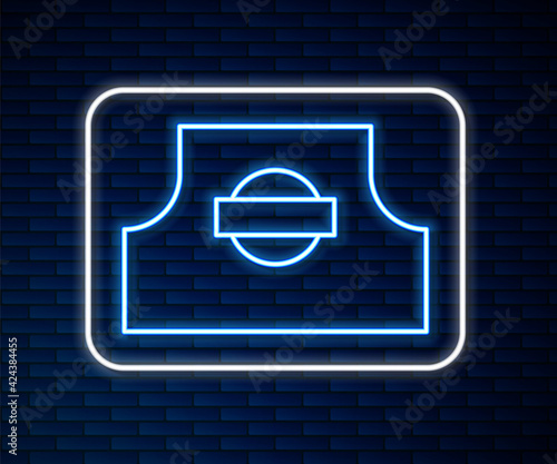 Glowing neon line Spray can nozzle cap icon isolated on brick wall background. Vector