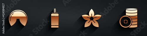 Set Chinese fortune cookie, Firework, Lotus flower and Chinese Yuan currency icon with long shadow. Vector