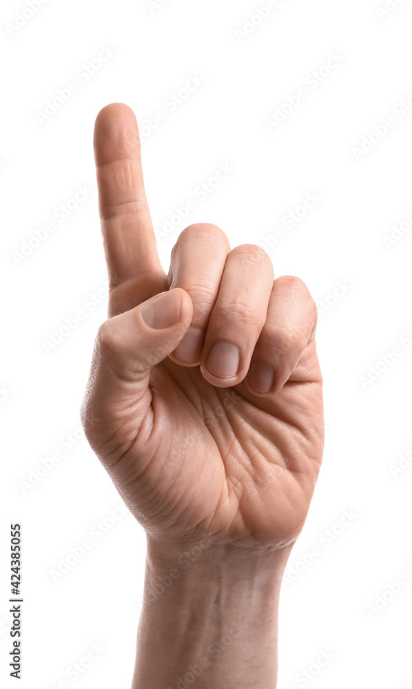 Male hand showing something on white background Male hand showing something on white background