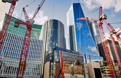 Construction work in Fenchurch Street showing Fen Court building, Willis building and Scalpel building,  London, England 