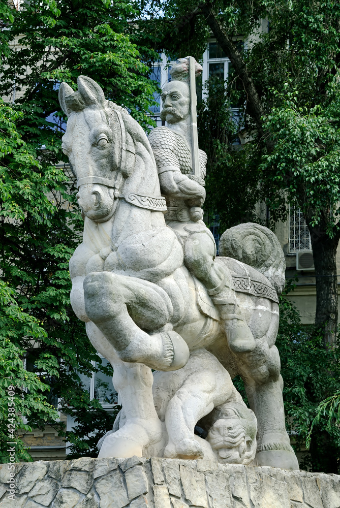 Monument to Prince Svyatoslav on a horse carved out of stone Kyiv, Ukraine