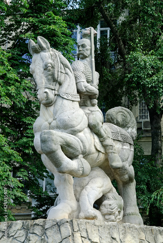 Monument to Prince Svyatoslav on a horse carved out of stone Kyiv  Ukraine