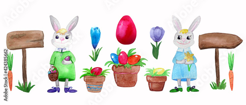 Watercolor illustration of Easter bunnies, flowers, wooden pointers and pots with painted eggs. Isolated on white.
