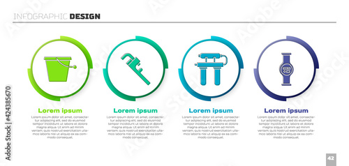 Set Bucket, Pipe adjustable wrench, Water filter and Water meter. Business infographic template. Vector