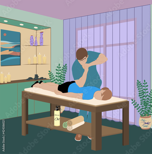 woman receiving full body massage at modern spa. Relaxed woman getting back massage with professional chiropractor. Relaxation concept. manual therapy, massage room interior, vector