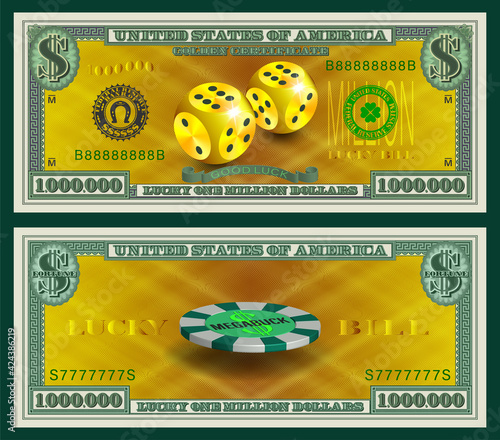 Lucky million dollar banknote. Obverse 3D has gold dice in the center of the grid. On the reverse is a megabuck casino chip volumetric. Paper money