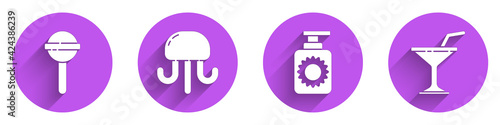 Set Lollipop, Jellyfish, Sunscreen spray bottle and Martini glass icon with long shadow. Vector