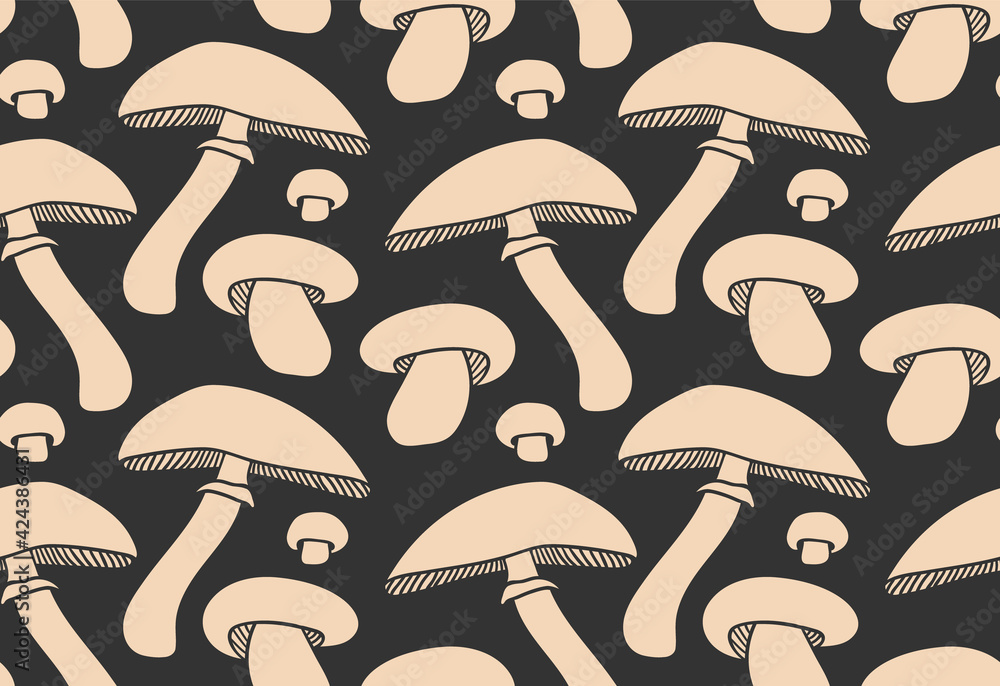 Seamless pattern with hand drawn mushrooms. Vector illustration. Botanical pattern for textiles and wallpapers, menu. Seamless pattern with hand drawn mushrooms. Vector illustration. Botanical pattern for textiles and wallpapers, menu.