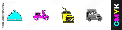 Set Covered with a tray of food, Scooter delivery, Paper glass and burger and Fast by car icon. Vector