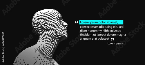 Quoted text. Person leaving comment.  Man face in profile. Cover design template. Voxel art. 3D vector illustration for presentation, social media or print purpose.