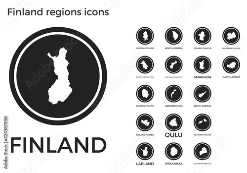 Finland regions icons. Black round logos with country regions maps and titles. Vector illustration.