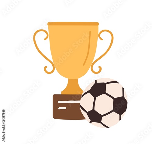 Golden football cup with soccer ball. Gold goblet on podium. Champion's trophy for first place. Winner s prize for victory. Colored flat vector illustration isolated on white background