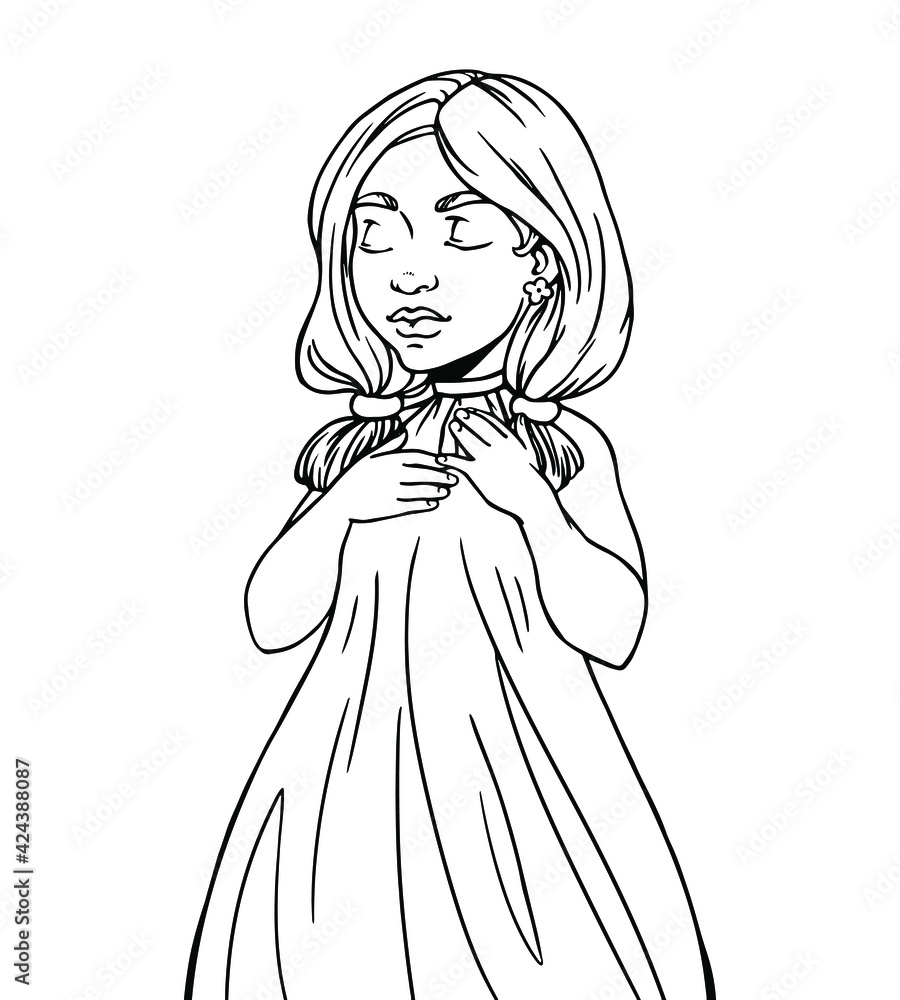 Cute cartoon girl with closed eyes smiles. Hand drawing vector illustration in black outline on a white background. Coloring page Cute cartoon girl with closed eyes smiles. Hand drawing vector illustration in black outline on a white background. Coloring page