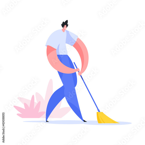 Man sweeping street illustration. Male character in white shirt and blue pants with whisk is cleaning sidewalk. Environmental order and constant cleaning with care for planet flat vector.