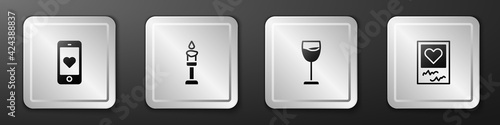 Set Mobile with heart, Burning candle, Wine glass and Photo frames hearts icon. Silver square button. Vector