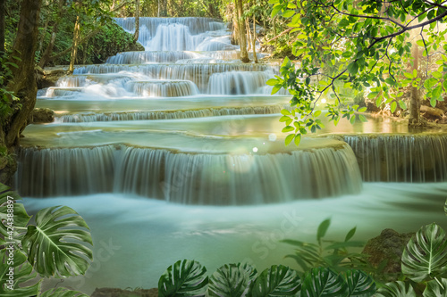 Huay Mae Khamin waterfall in Kanchanaburi  Thailand South east asia Jungle landscape with amazing turquoise water of cascade waterfall at deep tropical rain forest. travel landscape and destinations