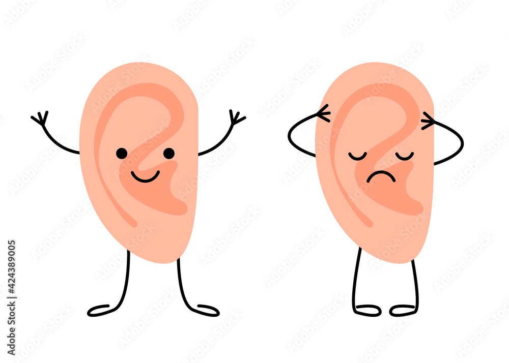 Ear happy healthy and sad sick characters. Check hearing organ for kids ...