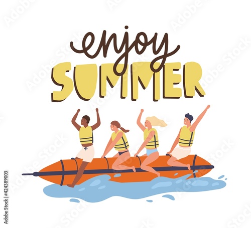 Happy young people riding banana boats and enjoying summer. Men and women hav...