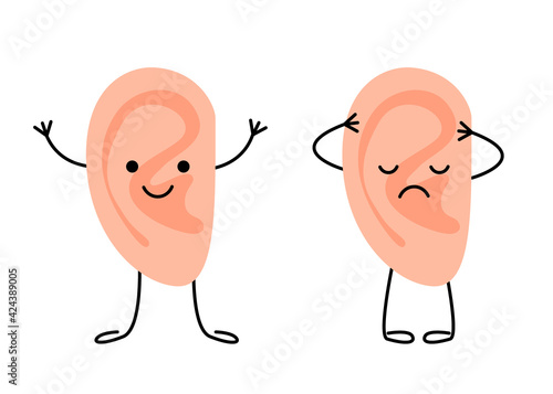 Ear happy healthy and sad sick characters. Check hearing organ for kids. Check health of ear. Earache, otitis, tinnitus concept. Vector flat illustration