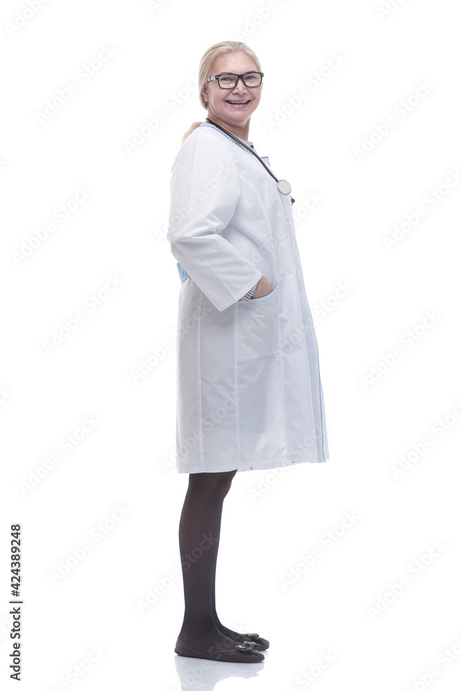 side view. friendly female doctor looking forward side view. friendly female doctor looking forward