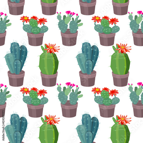 Seamless pattern with different sorts of succulents. Assorted cactuses in endless texture.